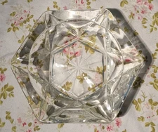 Vintage Clear Glass Hexagonal Ashtray with Faceted Six Point Star and Sunburst