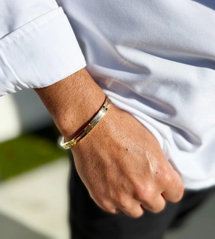 Cuff Bangle 6mm Width Taper Up Solid Heavy 14K 18K White Yellow Rose Gold Men's - Image 2 of 4