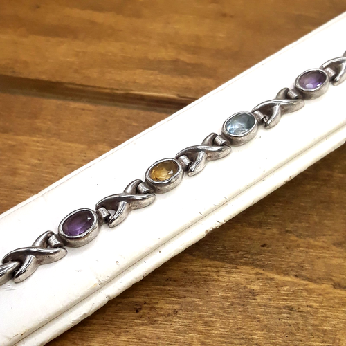 Vintage 925 Italy Multi Gemstone Sterling Silver Tennis Bracelet 7" - Picture 3 of 11
