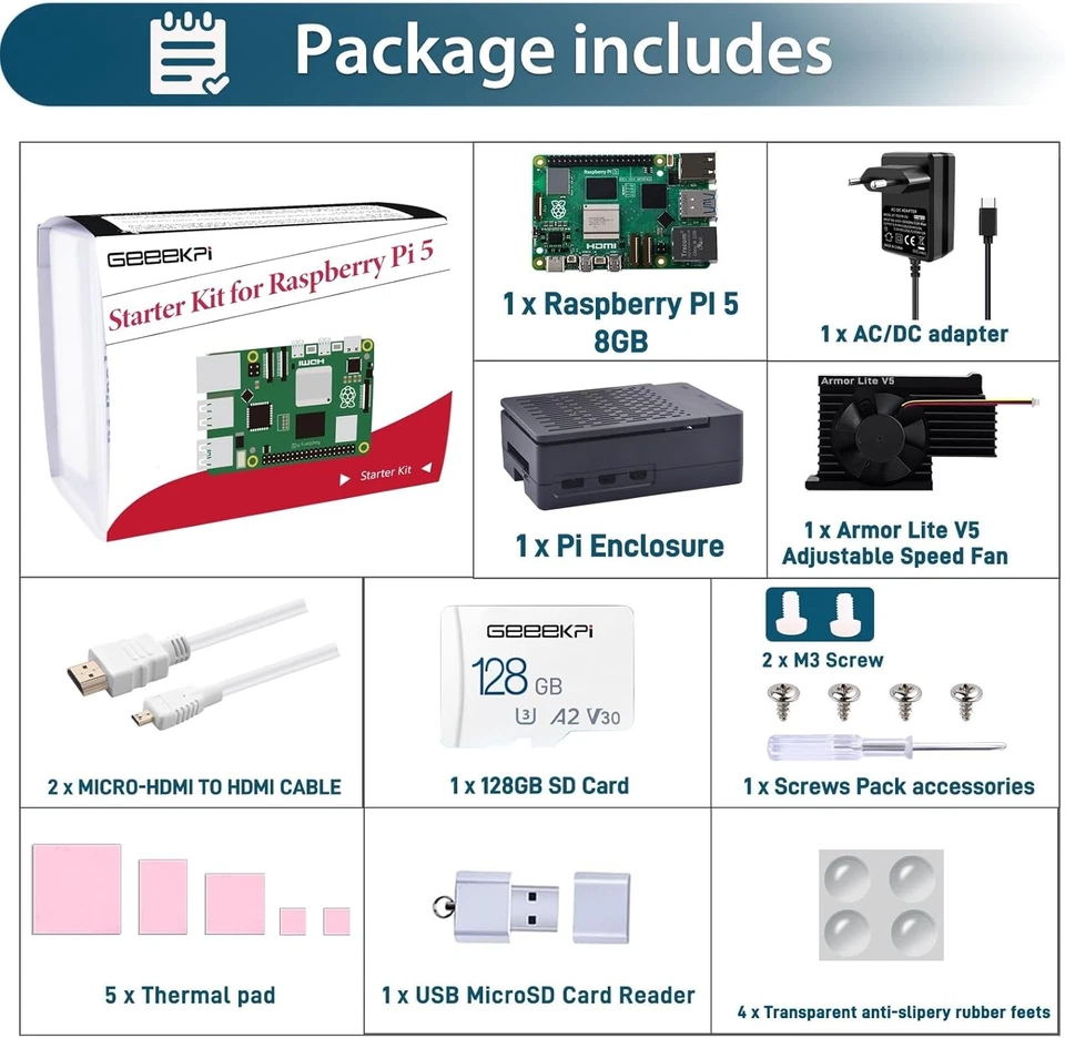 Starter Kit für Raspberry Pi 5 8GB mit Gehäuse 128GB SD Karte 27W USB C Netzteil - Bild 2 von 4