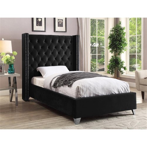 Meridian Furniture Aiden Solid Wood Tufted Velvet Wing Back Twin Bed in Black - Picture 2 of 7