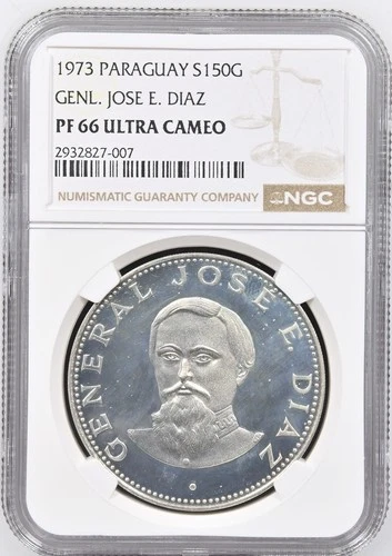 1973 Paraguay 150 guaranies General Jose E. Diaz PF66 NGC Silver Coin
