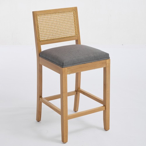 4 Set 27.9" Height Linen Fabric Barstools Solid Wood Rattan-Back Bar Chairs Gray - Picture 6 of 22