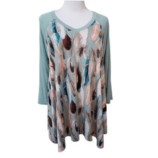 VINTAGE Feathers Print Long Tunic Top Blouse M Flowy Slinky Mint Green Novelty