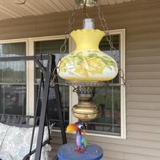 VINTAGE GWTW HANGING SWAG LAMP GLASS YELLOW ROSE SIGN C KLEIN