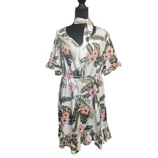 Shein Curve Womens Tropical Floral V-Neck Ruffle Midi Dress Wht 0XL sz240219911