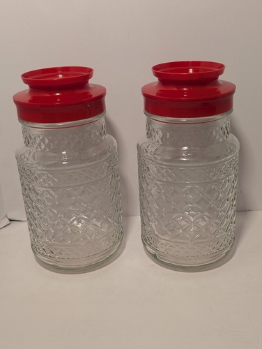 Anchor Hocking Glass Canister Jar Diamond Red Plastic Lid Vintage - Picture 2 of 5