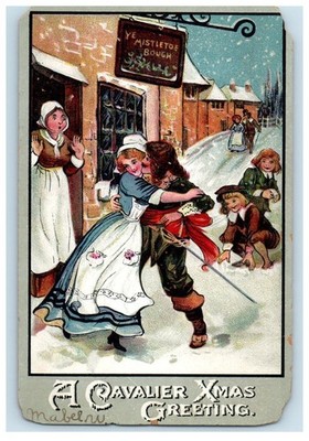 c1905 X-Mas Greeting Muskateer Kissed Girl Snow Winter Posted Antique Postcard