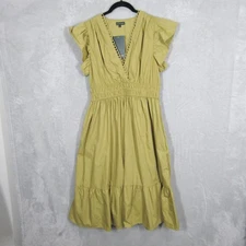 Meadow Rhodes Women's Dress Size L Olive Green Ruffle Sleeve Midi New with Tags