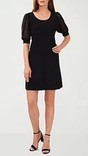 MSK Black floral puffed-sleeve shift dress L above knee sheer sleeve