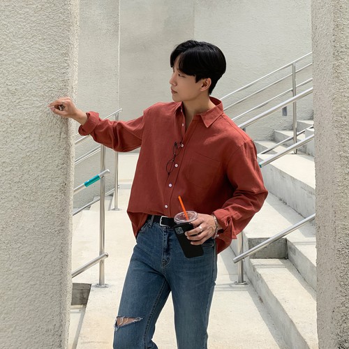 Lapel Linen Long-sleeved Shirt Men Korean-style Casual Outwear Spring/summer Top - Picture 3 of 23