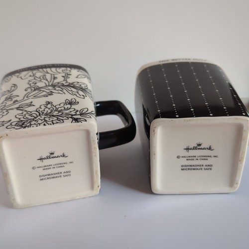 2 Hallmark Mugs His Her Better Half Black White Dotted Line Floral Coffee Cups - Picture 4 of 4