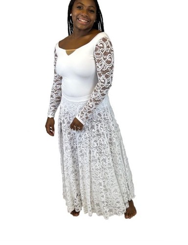 Women White Lace Long Sleeve Praise Dance Dress BalletChurch Dancewear Costume L - Picture 7 of 7
