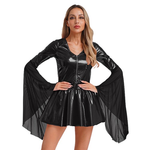 Women Punk Dress Flared Long Sleeve Mini Dress Halloween Costume Party Club Wear - Picture 12 of 45
