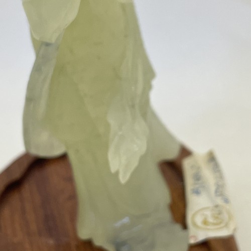 Chinese Carved Stone Guanyin Quan Yin Figure 8” Goddess Jade Green Wooden Base - Picture 11 of 17