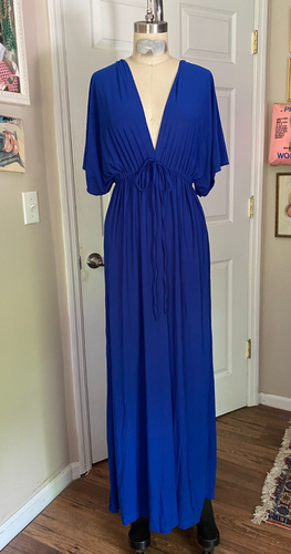 KOH KOH Indigo Blue Belted Smocked waist Slinky stretch MAXI Dress *MEDIUM* - Picture 6 of 11