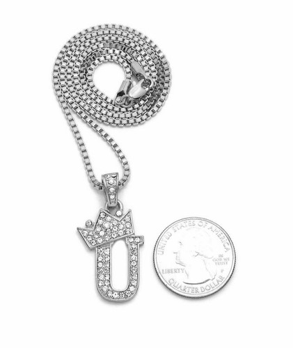 Alphabet Initial Letter Crown Pendant with 20" Box Chain Hip Hop Unisex Necklace - Picture 52 of 57