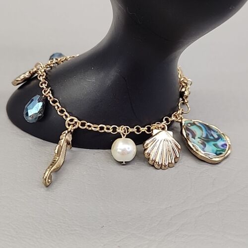 Charm Bracelet Seashell Seahorse Enamel Dangle Gold Tone Beach 7.5 in - Picture 2 of 12