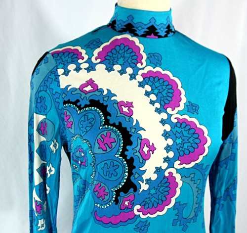 Vintage Leonard Fashion Paris Silk Jersey High Neck Psychedelic Dress Aqua M - Picture 2 of 11