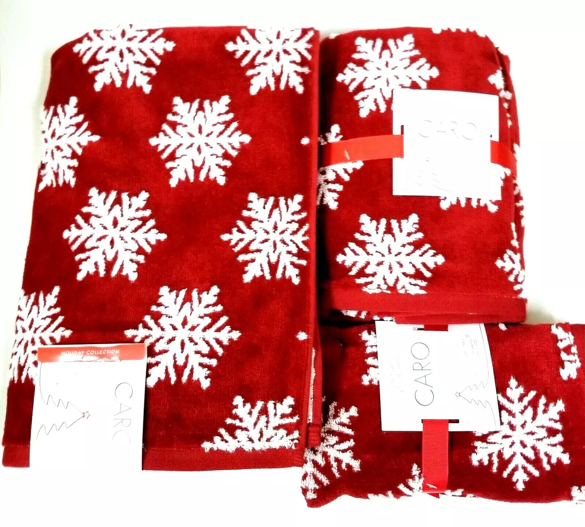 NEW CARO RED,WHITE SNOW FLAKES COTTON BATH,2 HAND TOWEL,OR 2 FINGER TIP