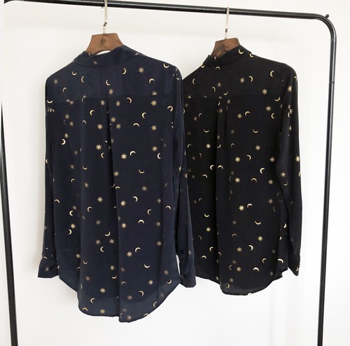 New Equipment Gilding Star Moon Print Silk Elegant Long-Sleeved Shirt Blouses - Picture 4 of 30