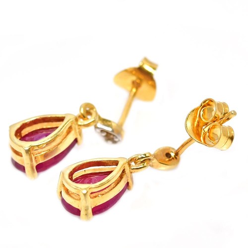 925 STERLING SILVER DANGLE EARRING BLOOD RED RUBY PEAR 8x6 MM. GEMSTONE - Picture 8 of 8