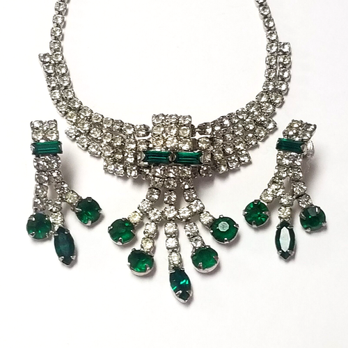 Vintage Grün Marquise Baguette Klar Strass Hängel Halskette Ohrringe Hochzeit - Bild 11 von 11