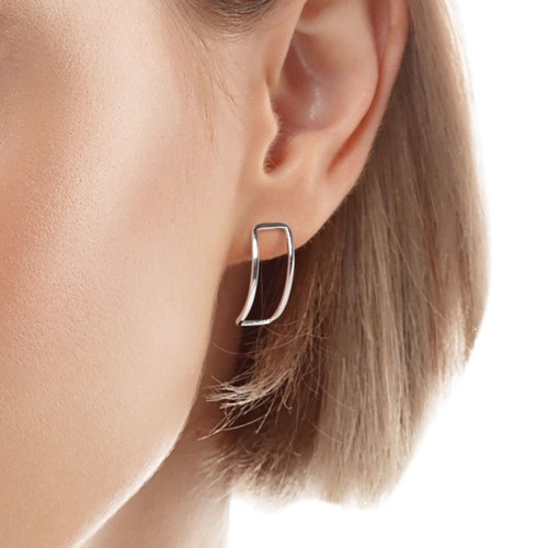 Curved Linear Openwork Rectangle Sterling Silver 925 Stud Earrings - Picture 2 of 7