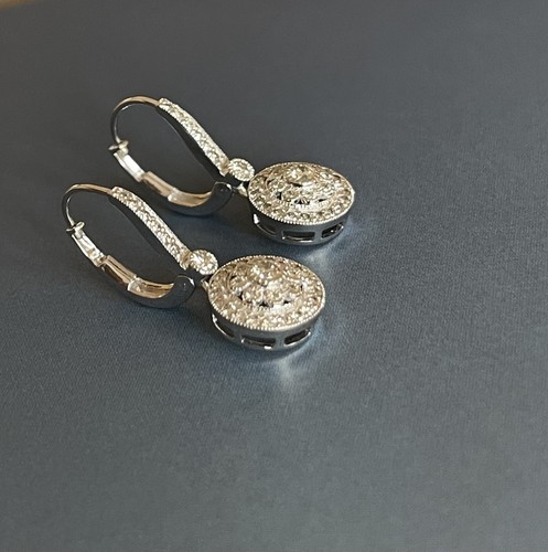 9ct White Gold Round Halo Cluster Drop in Leverback Hoop Diamond Earrings 0.65ct - Picture 9 of 15