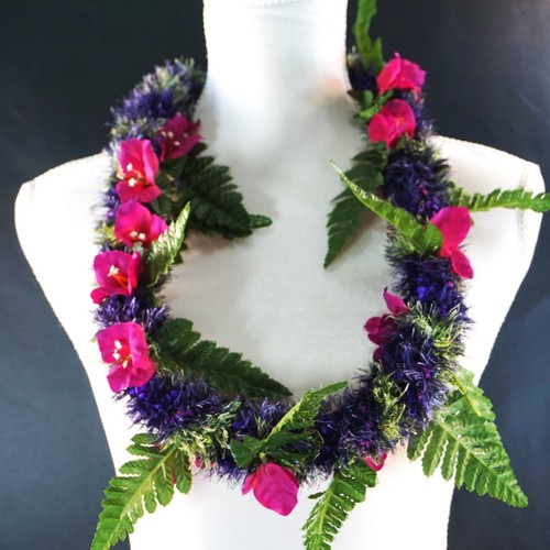 Hawaiian Lei Pink Bougainvillea w Ferns Eyelash Yarn Tie-Ribbon Faux Kukui Nut - Picture 2 of 6