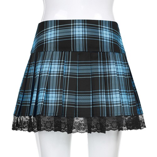 Women Plaid High Waist Lace Trimming Pleated Skirt Lace Up A line Miniskirt New - Picture 24 of 24