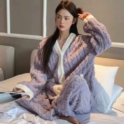 2pcs/Set Autumn and Winter Pajamas Women Thickened Padded Warm Students Coral - Bild 5 von 27