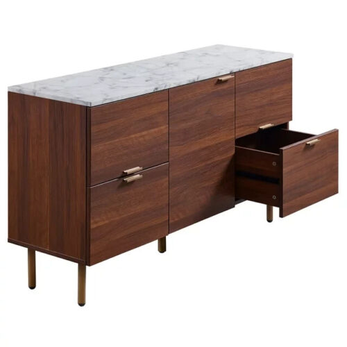 Ashton Sideboard Wooden Storage Cabinet, Faux Marble Top - White/Walnut - Picture 2 of 8