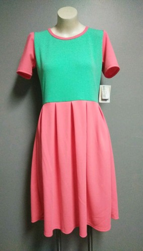 NWT LULAROE Amelia Stretch Green-Pink Pleated Dress with Pockets Size Large - Picture 1 of 2