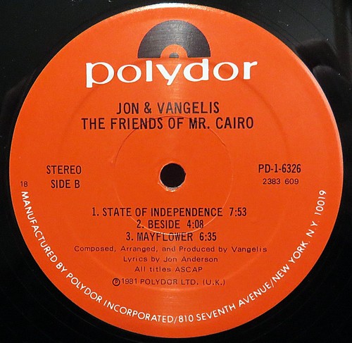 JON AND VANGELIS "The Friends Of Mr. Cairo" 1981 PD-1-6326) ULTRASONIC CLEANED - Picture 4 of 4