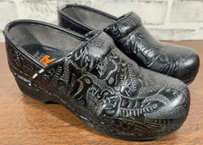 DANSKO Pro XP Black Leather Floral Tooled Clogs 3906100202 Size 36/6-6.5 US