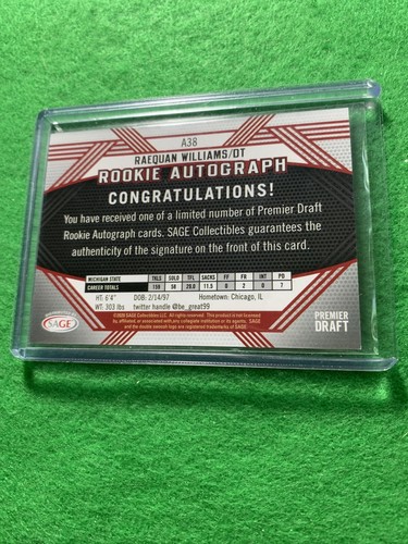 RAEQUAN WILLIAMS AUTO ROOKIE CARD EAGLES RC BLACK 2020 SAGE HIT PREMIER DRAFT RC - Picture 8 of 12