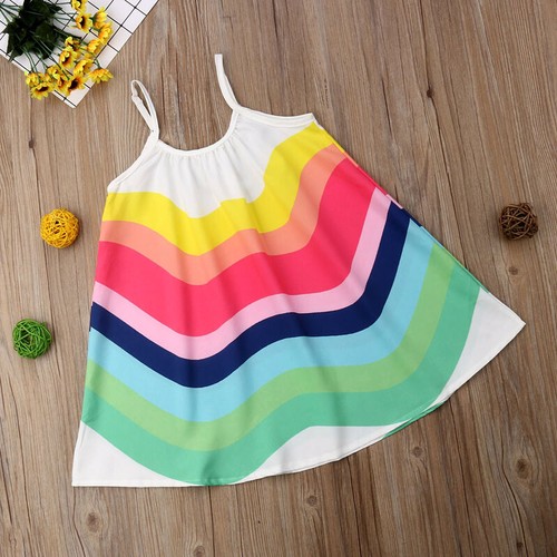 Kids Baby Girls Summer Rainbow Sling Dress Sleeveless Party Beach Dress Clothes - Picture 4 of 10