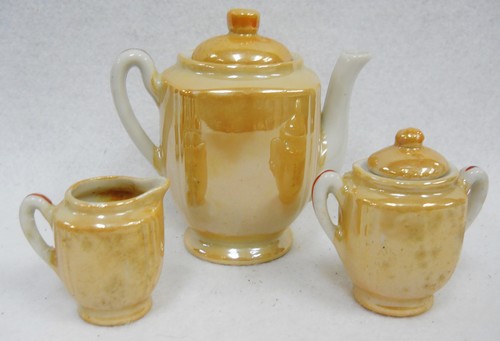 Vintage Hand Painted Peach Lusterware Child's Toy Dishes Floral Tea Set for 3 - Picture 4 of 10