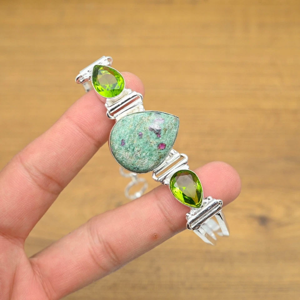 Ruby Fuchsite Peridot Bracelet 925 Sterling Silver Natural Handmade Bracelet - Image 4 of 4