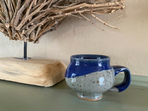 Handmade Coffee Mug Rustic Clay Blue And Grey Signed By Artist - Picture 2 of 10