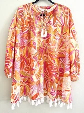 C&C California Woven Peasant Top Blouse Shirt Boho Floral Coral Pink L Large NEW