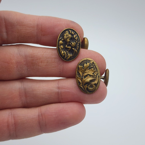 Art Nouveau Angel Cupid Autumn Leaf - Mismatched Whale Back Cuff Links - As Is - Picture 12 of 13