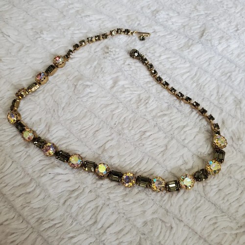 Vintage Prong Set Iridescent Glass Rhinestone Choker Necklace Nice Condition 15" - Picture 23 of 24