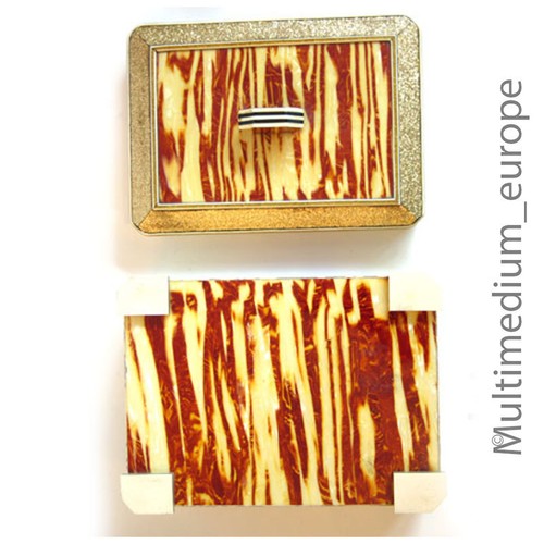 Lata Art Deco Catalin baquelita celuloide plástico rojizo marrón color crema rayas - Imagen 5 de 8
