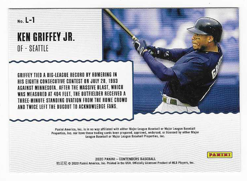 2020 Panini Contenders Legacy Ken Griffey Jr. Seattle Mariners Baseball #L-1 HOF - Picture 2 of 2