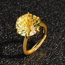 New Wedding Party 12mm Flower Cut Yellow Citrine Gemstone Charm Women Gold Ring