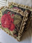 *One* Handmade Wool Velvet Floral Needlepoint Pillow w/ Tassel Fringe Signed 18"