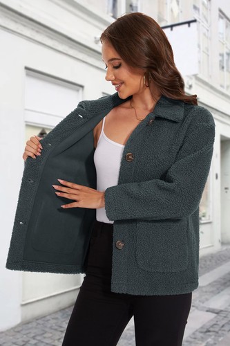 Giacche donna invernali in pile sherpa caldi con bottoni cappotti manica lunga outwear - Foto 44 di 83