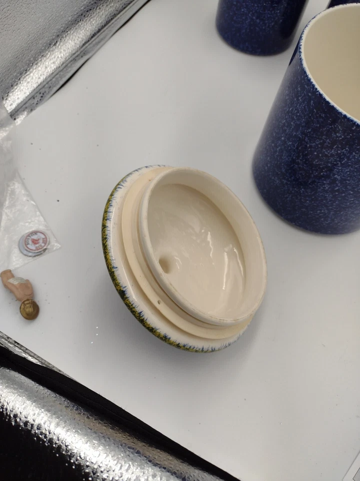 Set Of 3 Over And Back Inc Blue Cobalt Speckled Ceramic Canisters W Lid Portugal - Image 3 of 4